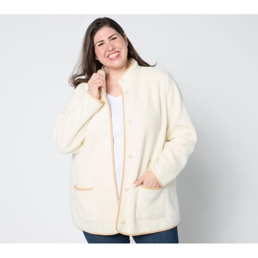Susan Graver Women's Plus Sz Jacket 5X Bonded Fleece Button-Front w White